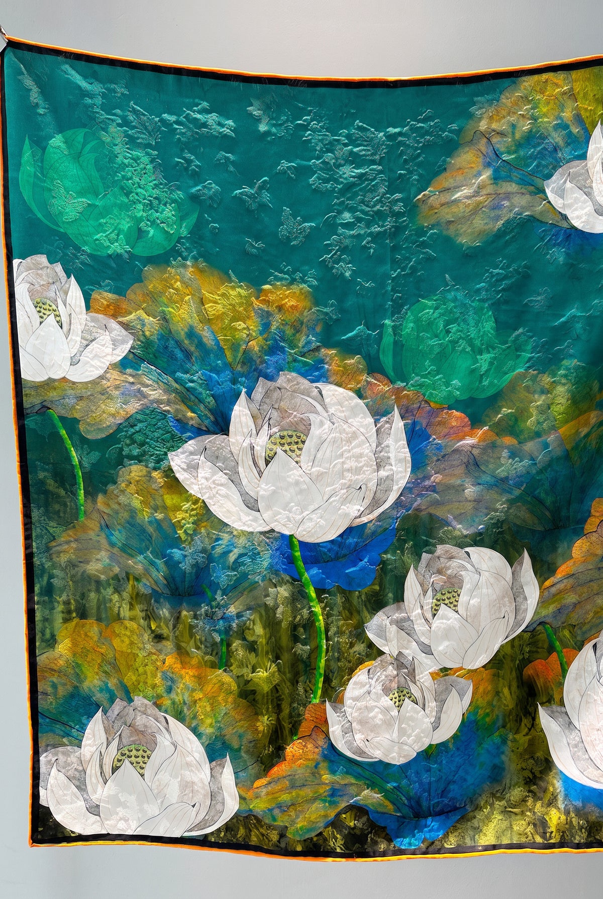 Serene Green Lotus Heart Silk Twill Scarf