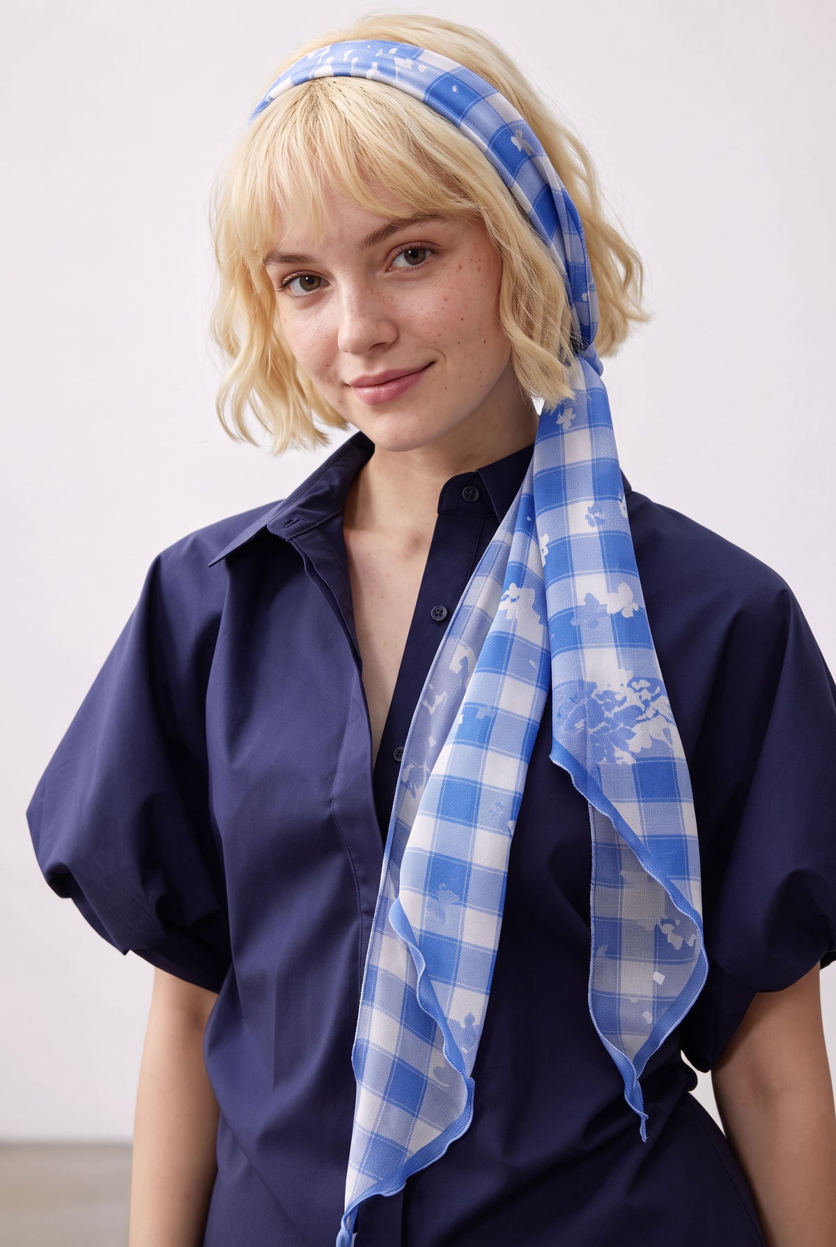 Blue White Check Notes Silk Stole