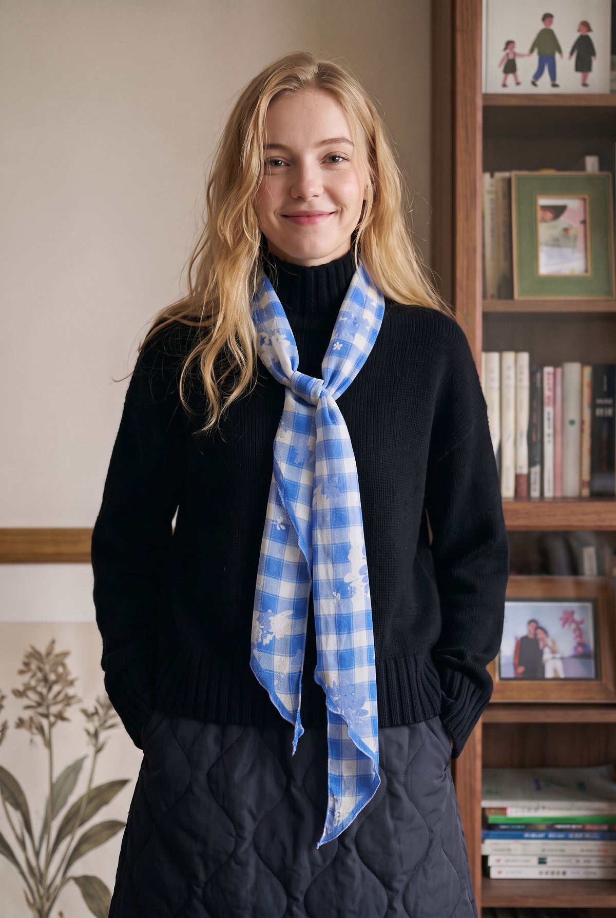 Blue White Check Notes Silk Stole