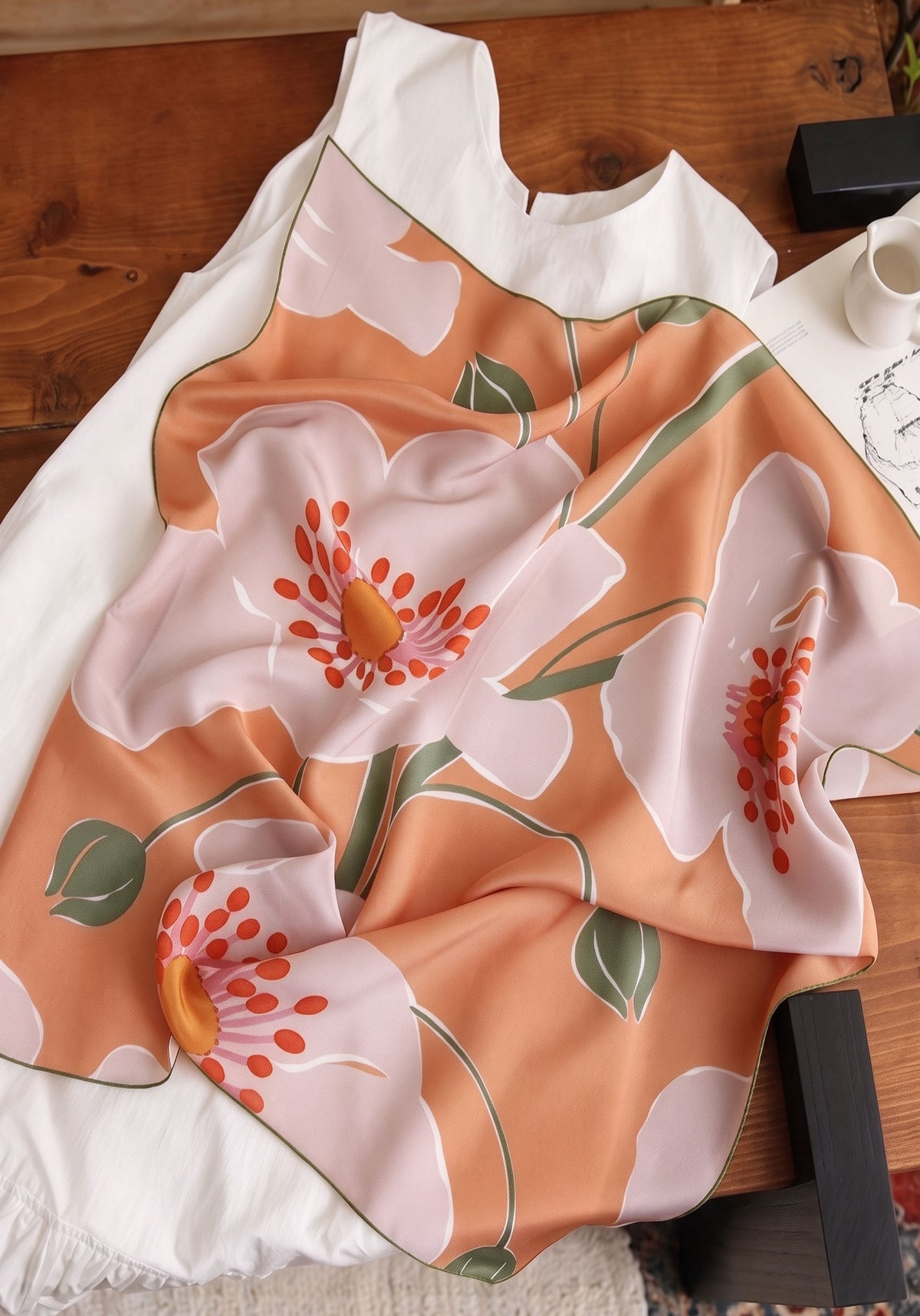 Gentle Grey Orange Silk Twill Scarf