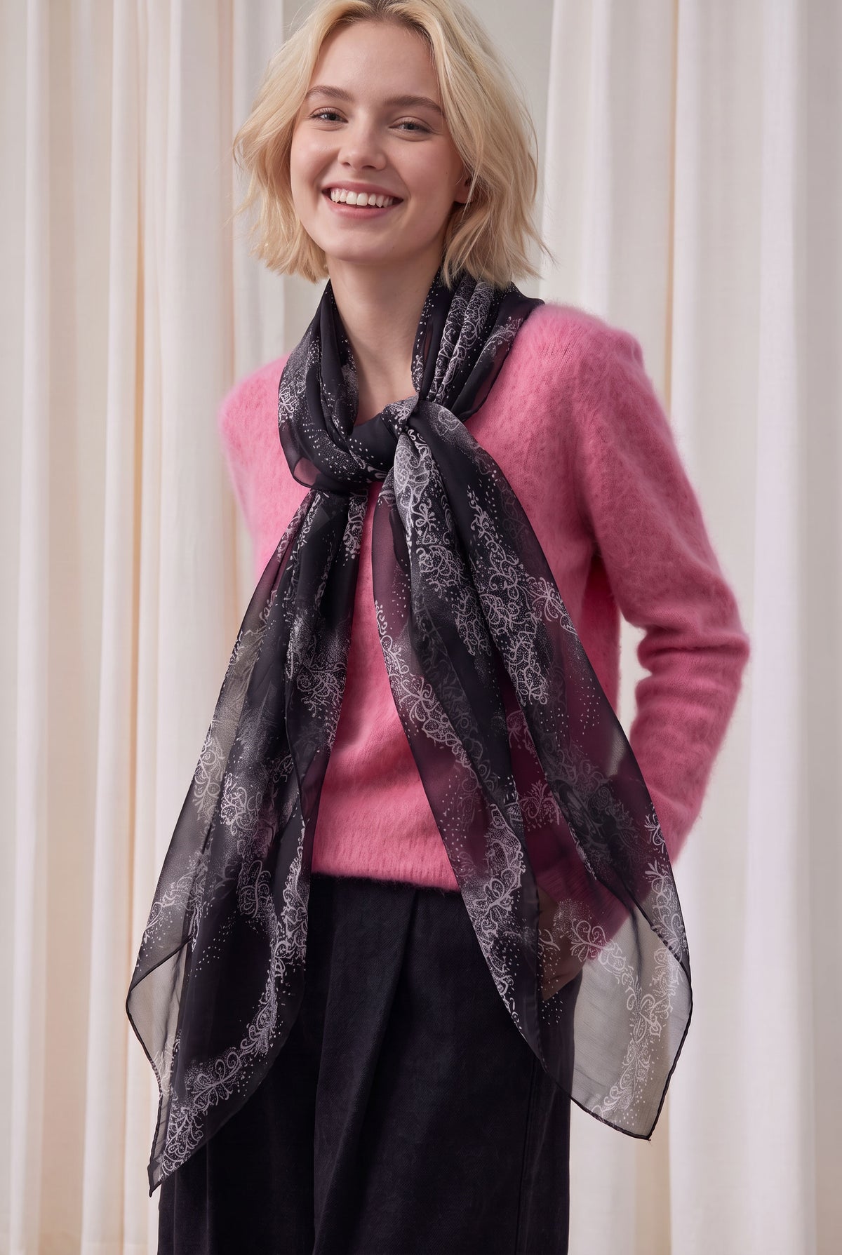 Muted Dark Tone Tiny Floral Print Silk Twill Stole